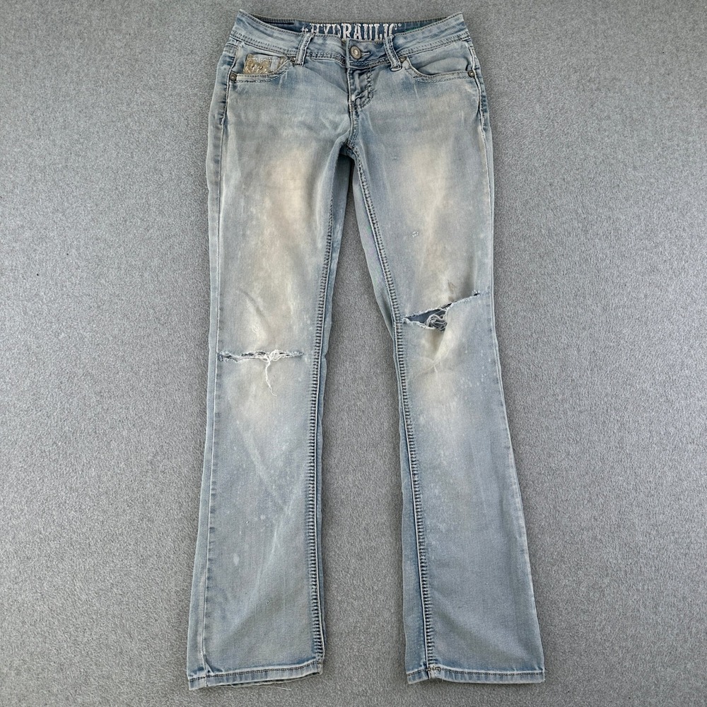 Hydraulic Jeans Womens 5/6 Blue Distressed Bootcut Low Rise Y2K Embroidered